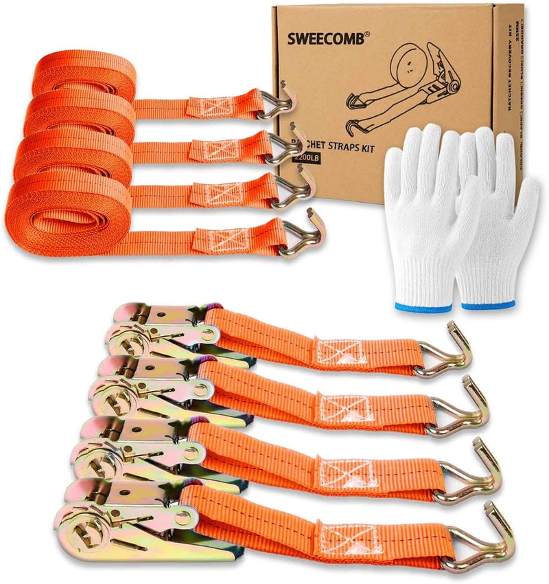 Sweecomb Ratchet Straps (4-Pack), 1 Inch x 16.4 Feet (2200lb Break Strength) with Sturdy Metal Hooks, 1x Work Gloves, Heavy Duty Tie Down Straps for Truck, Cargo Trailer, Motorcycle, Luggage, Moving (Orange) - Image 1